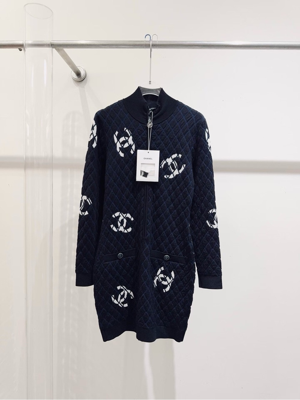 CHANEL Navy Quilted Logo Zip Cardigan Dress